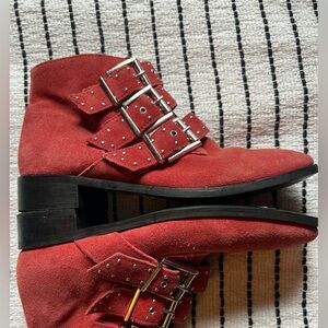 Topshop Red Suede Buckle Boho Rocker Ankle Boots, EU 38